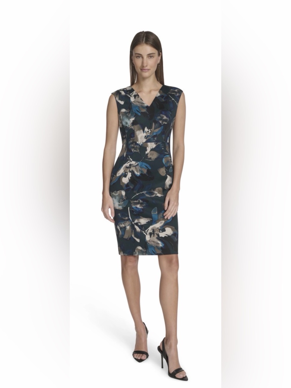 Andrew Marc Navy Blue Floral Scuba Sheath Midi Dress